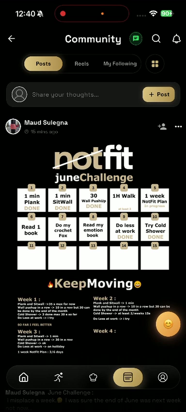 The NotFit community feed with posts, reels and challenges