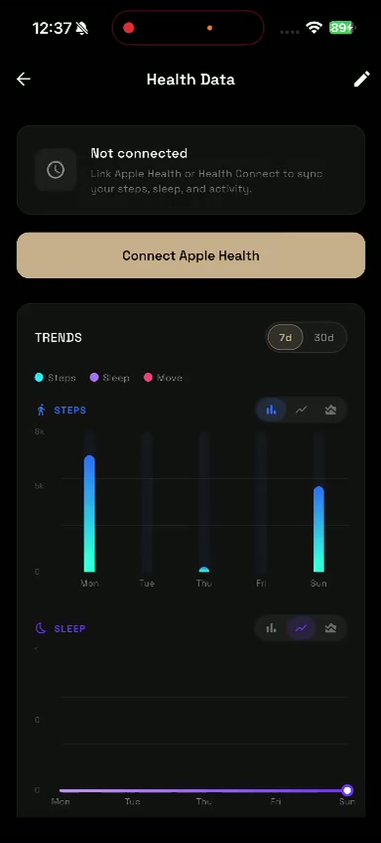 Connecting Apple Health and viewing step and sleep trend charts
