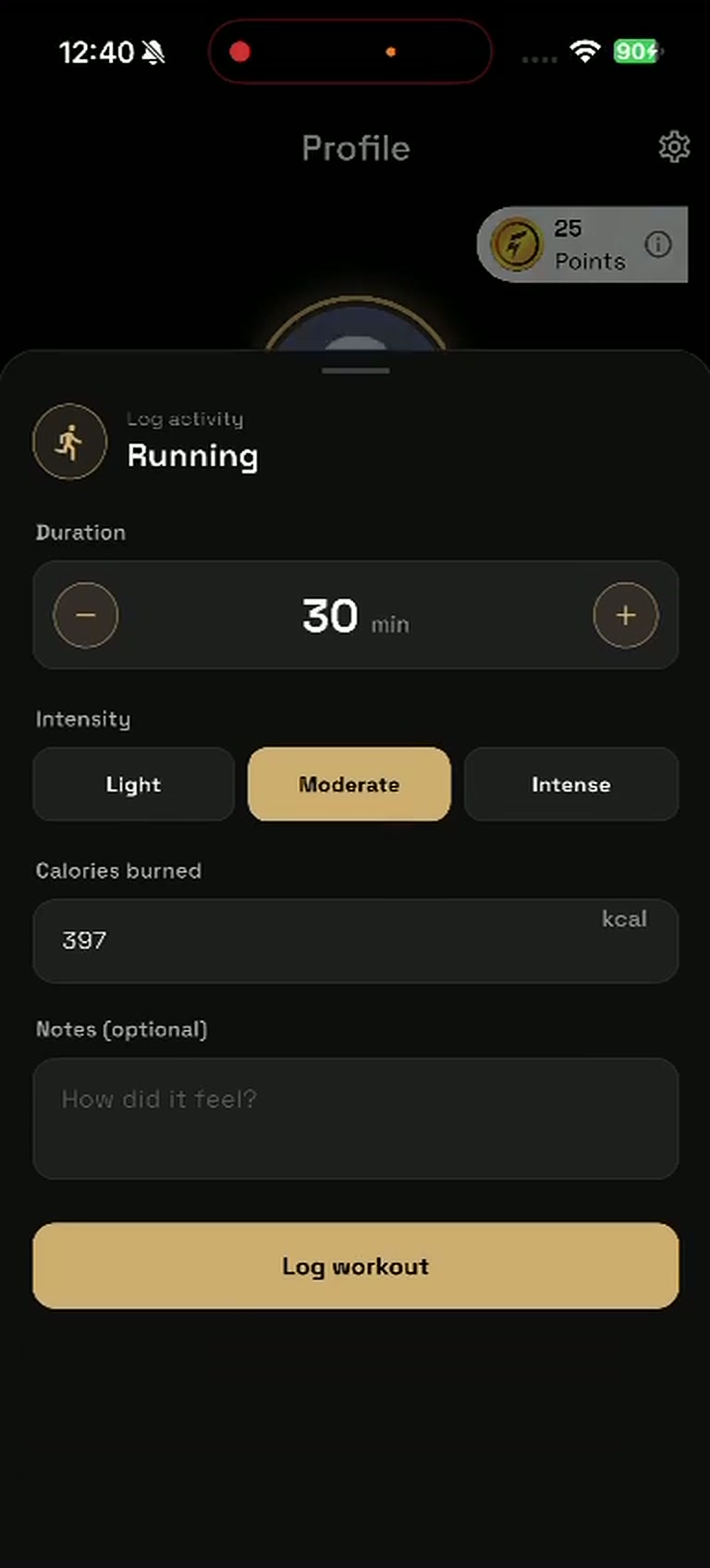Logging a running activity with duration, intensity and calories