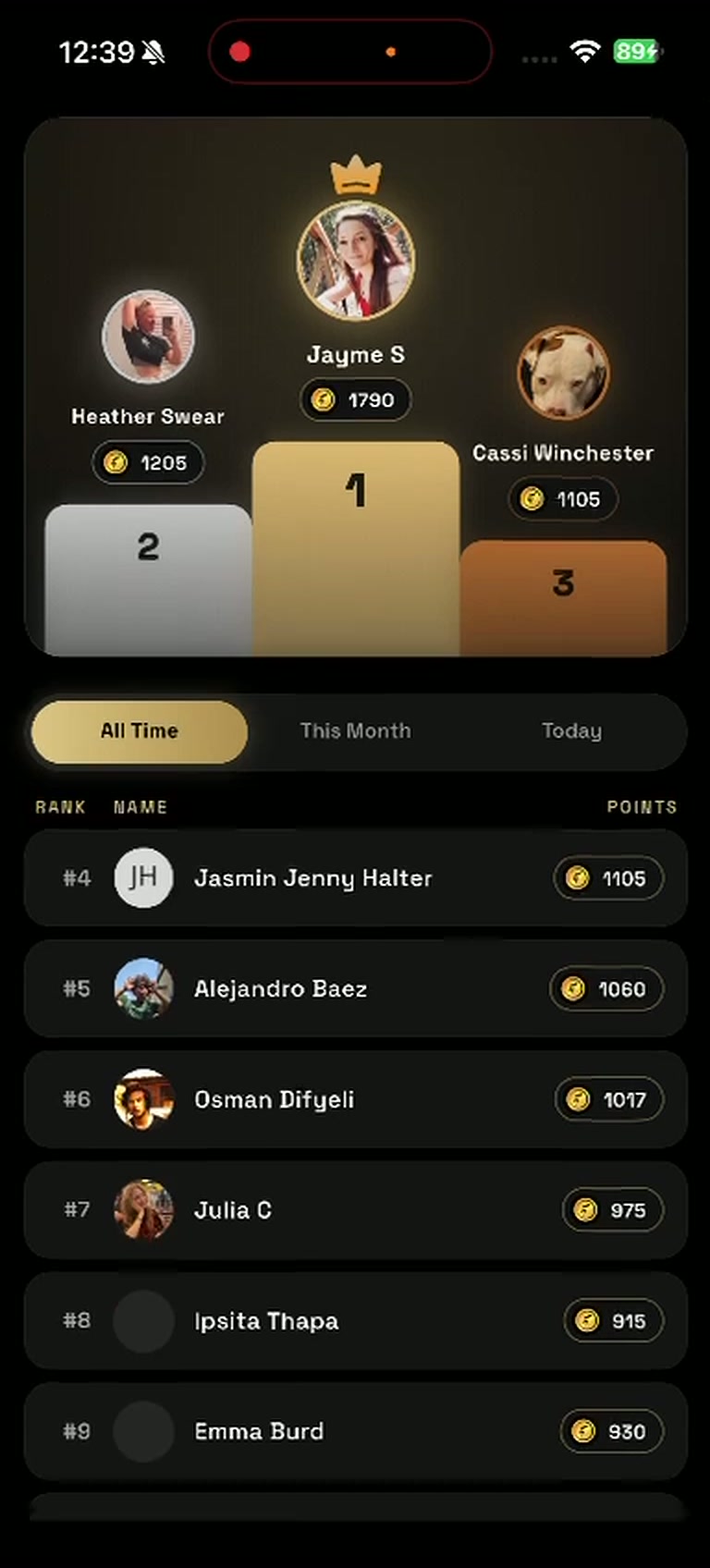 The NotFit leaderboard with a podium and ranked points list
