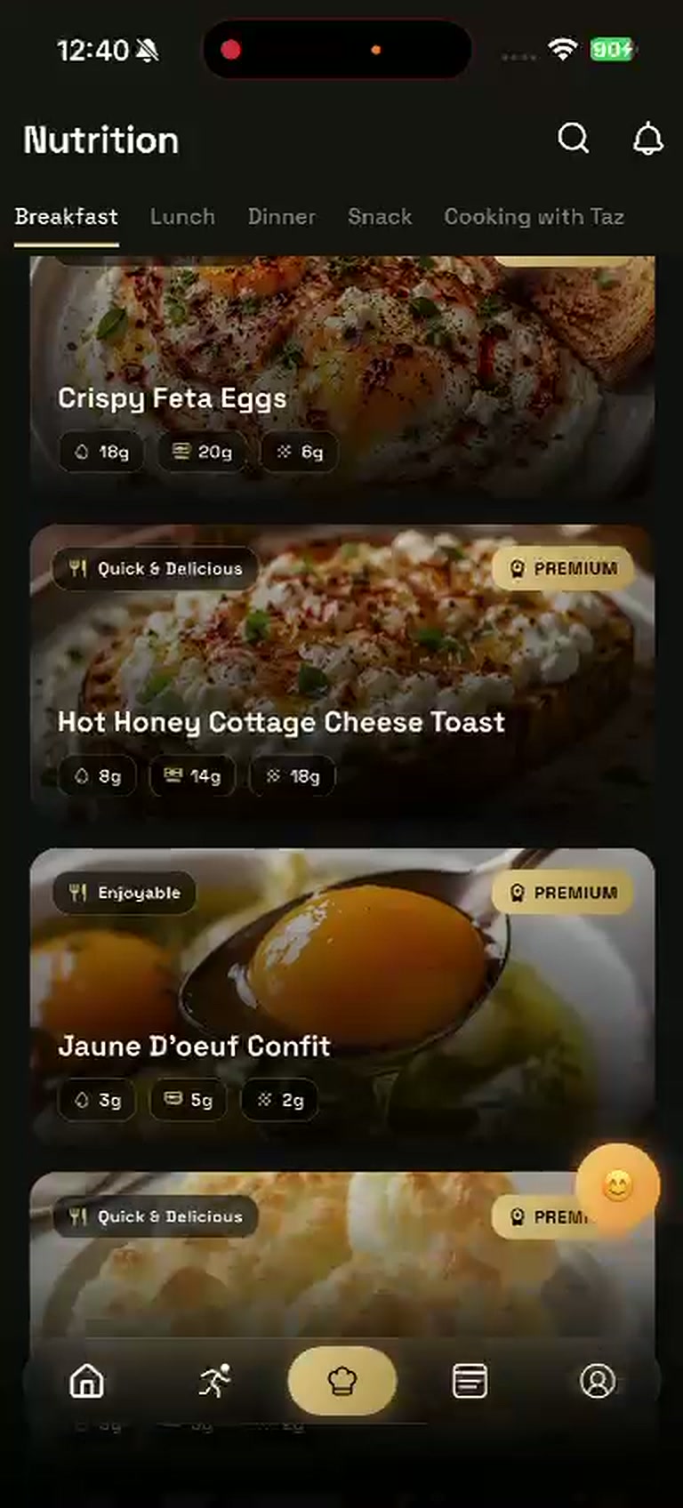 Browsing the NotFit recipe library with macros and premium picks