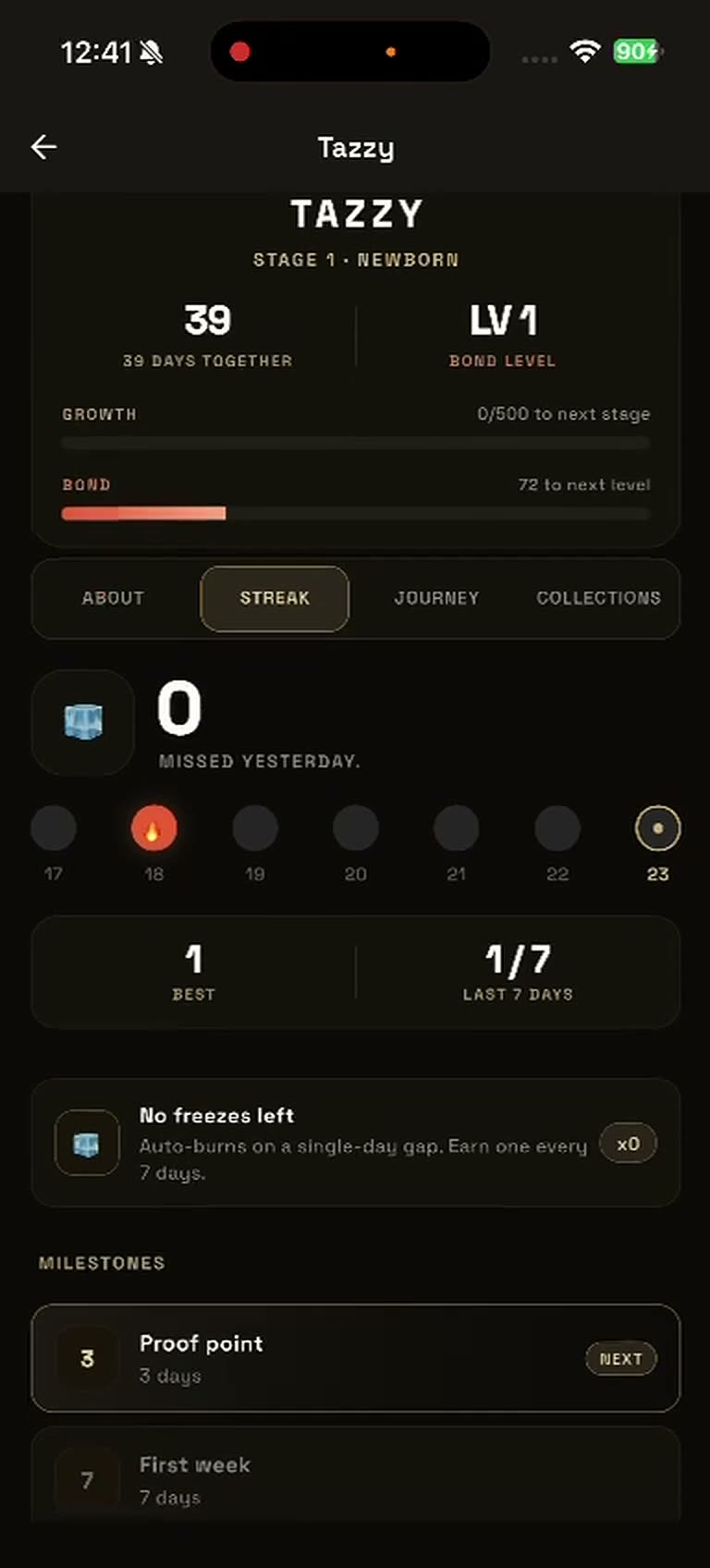 The Tazzy streak screen showing days together and weekly consistency