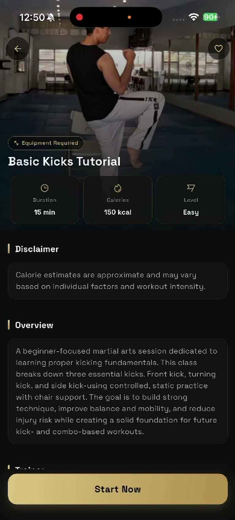 A workout tutorial with duration, calories and a Start Now button